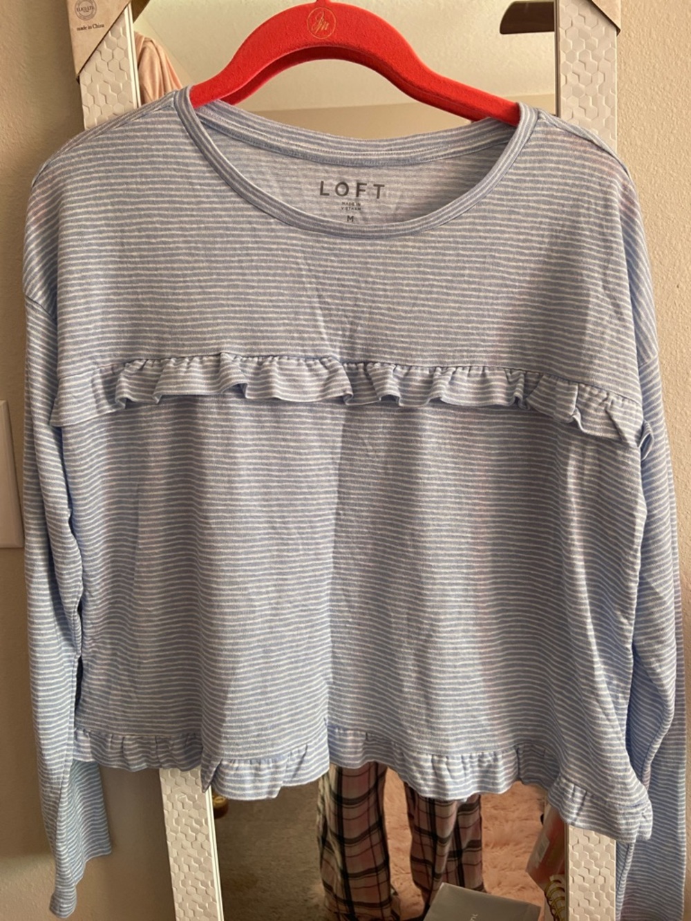 LOFT Light Blue and White Striped Ruffle Long-Sleeve Top medium 🫆❤️🪻🌼